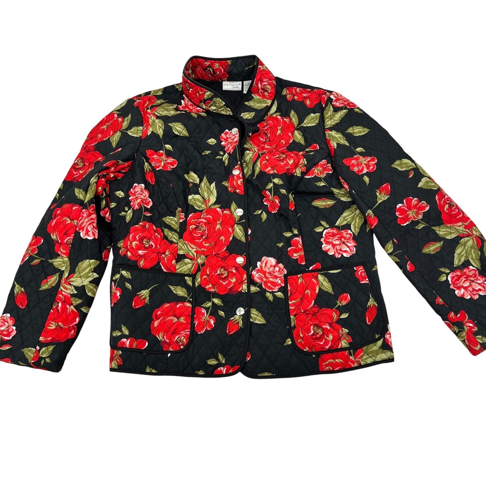 Kim‎ Rogers Signature Petite Large Quilted Jacket Black Red Floral Rose Snap